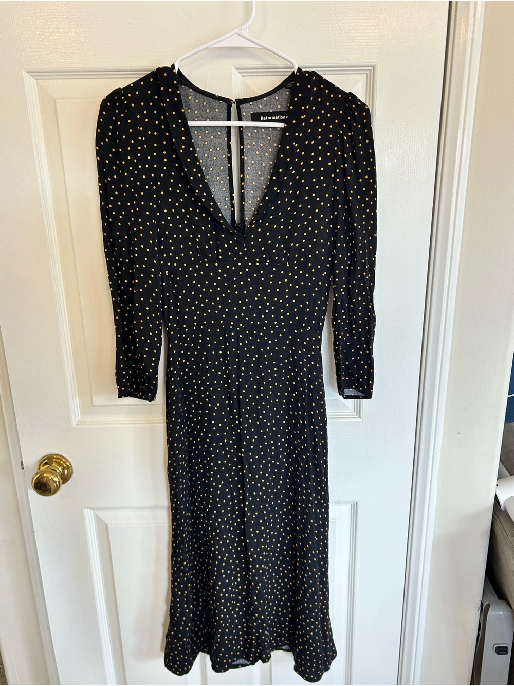 Reformation Black Midi Dress with Gold Dot Print Size 0